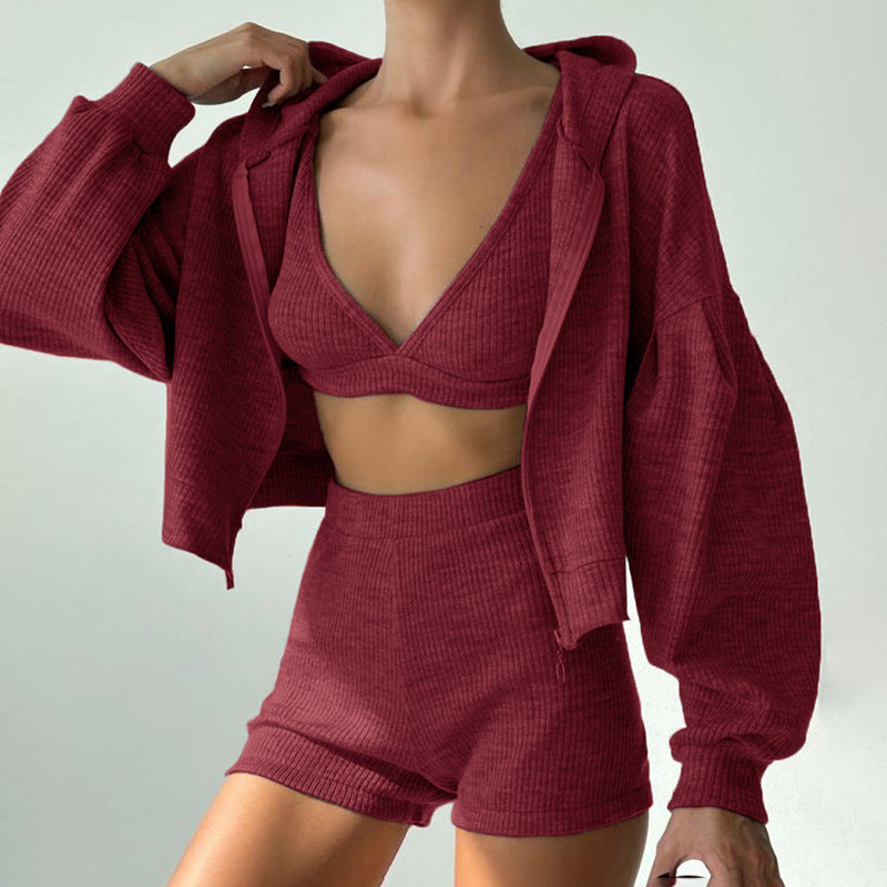 Waffle Knit Hoodie + V-Neck Bralette + Shorts Loungewear Three-Piece Set
