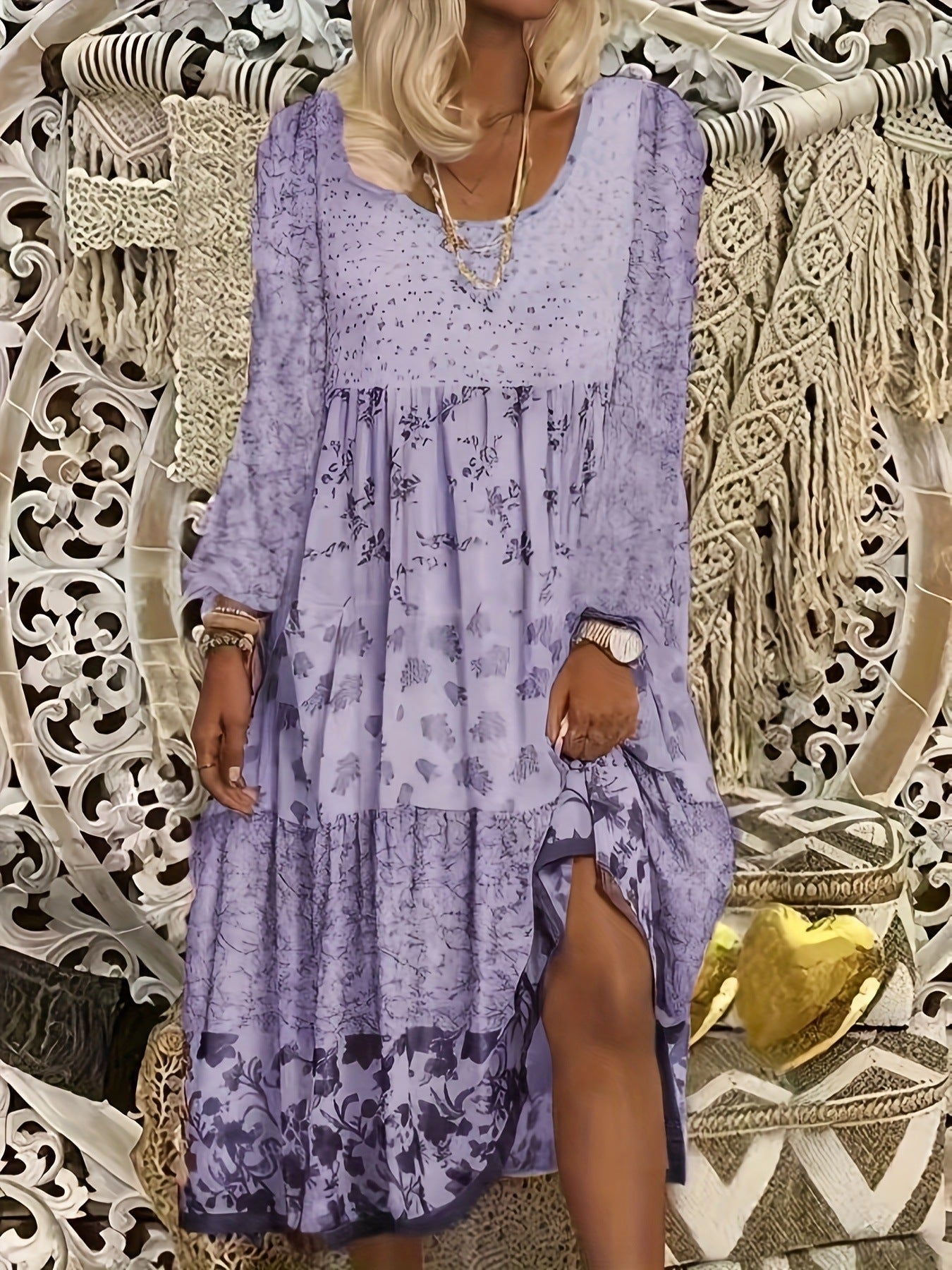 Bohemian Print Patchwork Split Long Sleeve Tiered Maxi Dress