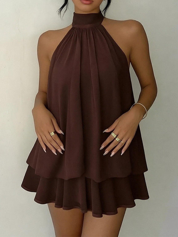 Boho Halter Neck Double Layer Ruffle Chiffon Loose Mini Dress