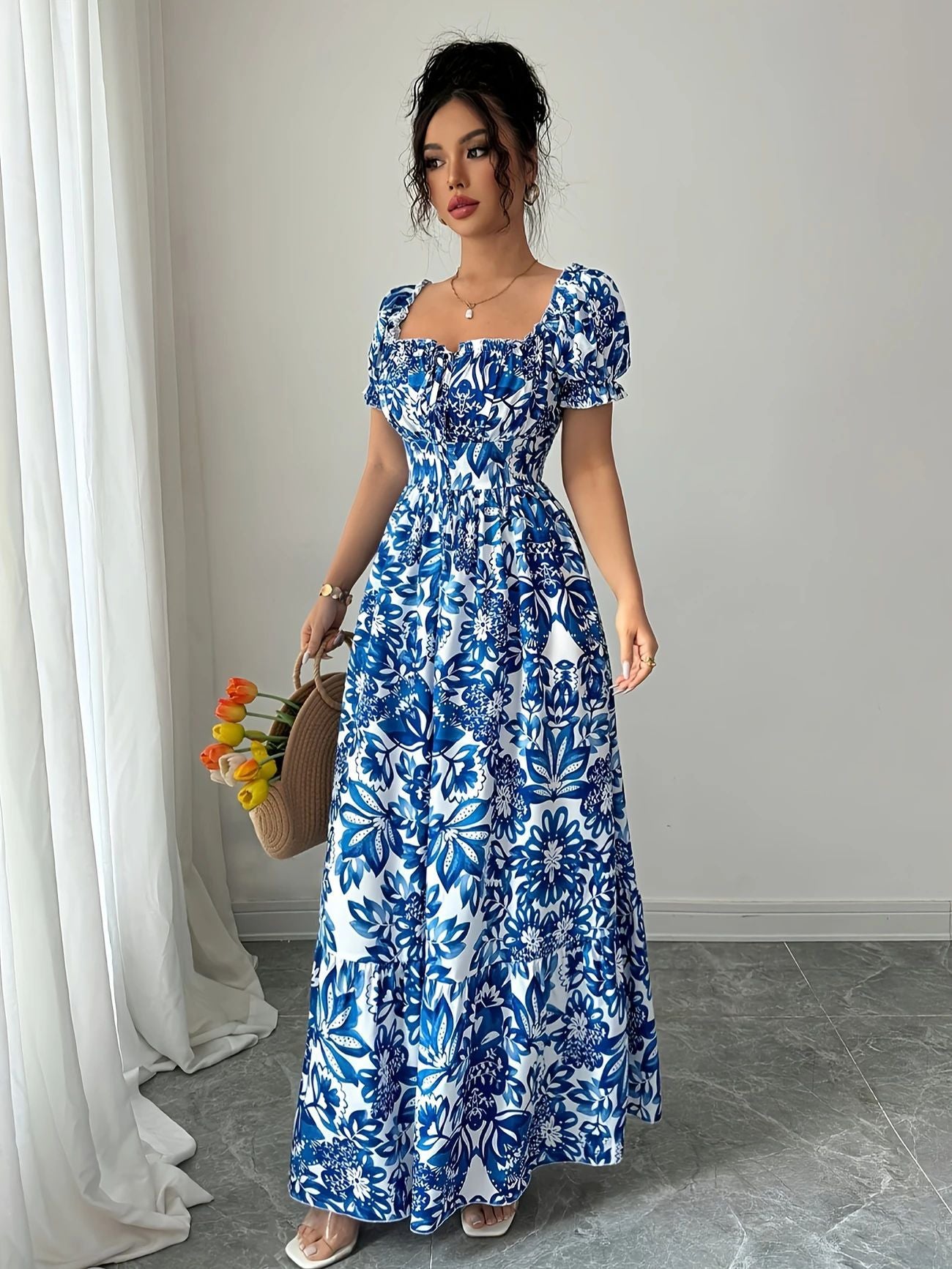 Blue & White Porcelain Print Boho Square Neck Maxi Dress