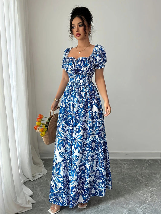 Blue & White Porcelain Print Boho Square Neck Maxi Dress