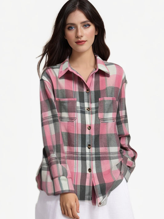 Pink-Tone Plaid Boho-Style Loose Shirt