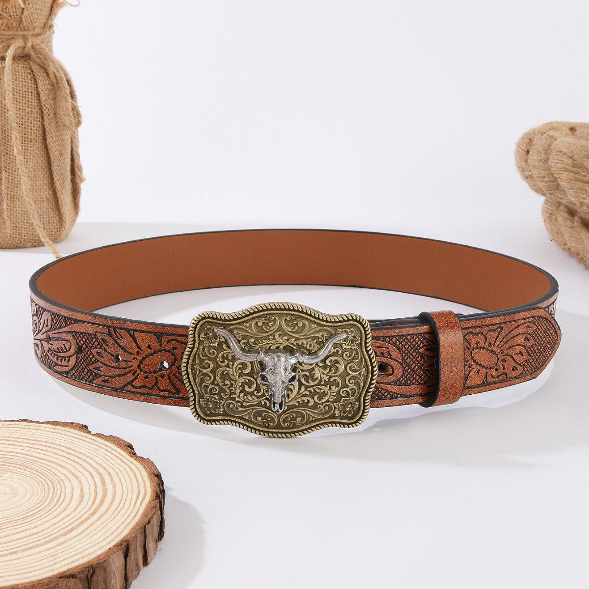 Western Cowboy Style Bull Head Carved Belt | Vintage Embossed Personalized Leather Belt