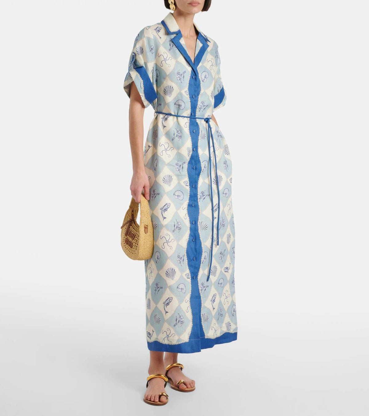 Vintage Ocean Print Belted Waist-Cinching Split Maxi Shirt Dress