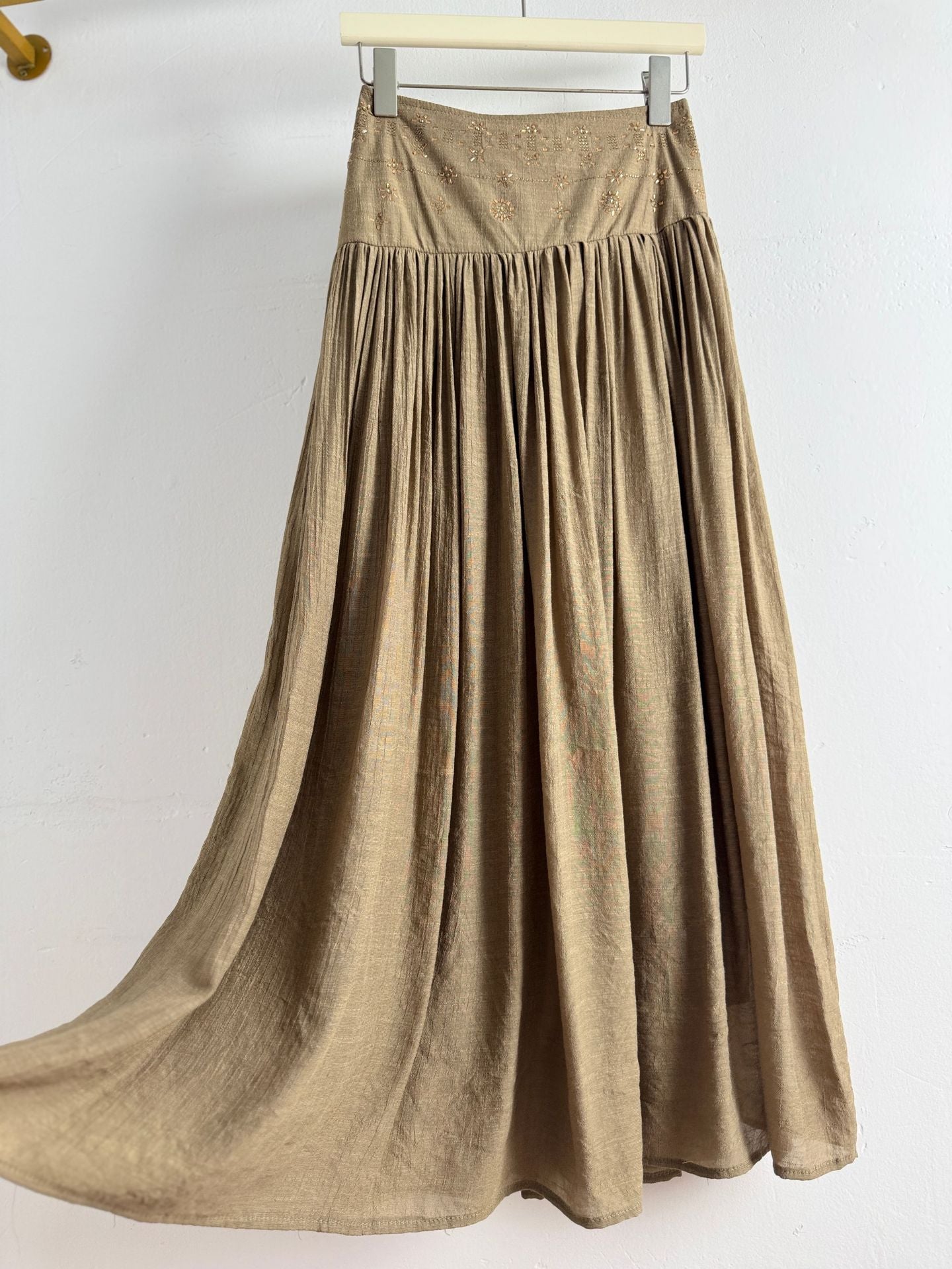 Boho High Waist Gold Embroidery Flare Maxi Skirt | Retro Vacation Drape A-Line Skirt