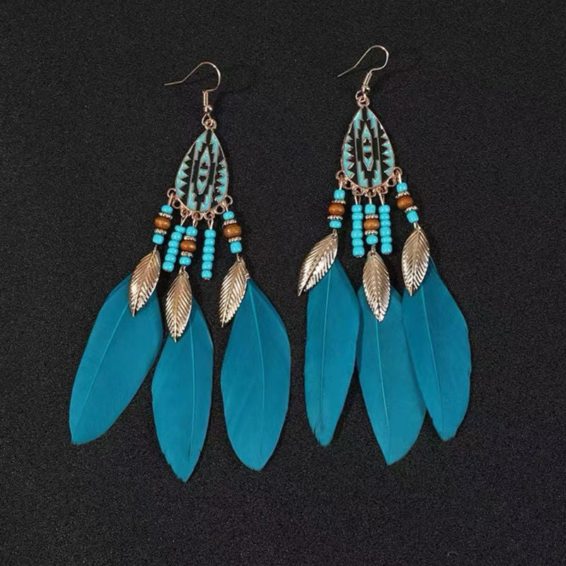 Boho Blue Feather Tassel Earrings | Ethnic Style Niche Design Jewelry
