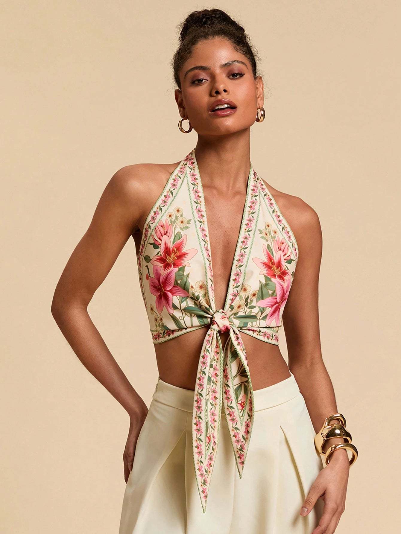 Bohemian Floral Print Halter Tie-Back Cropped Top