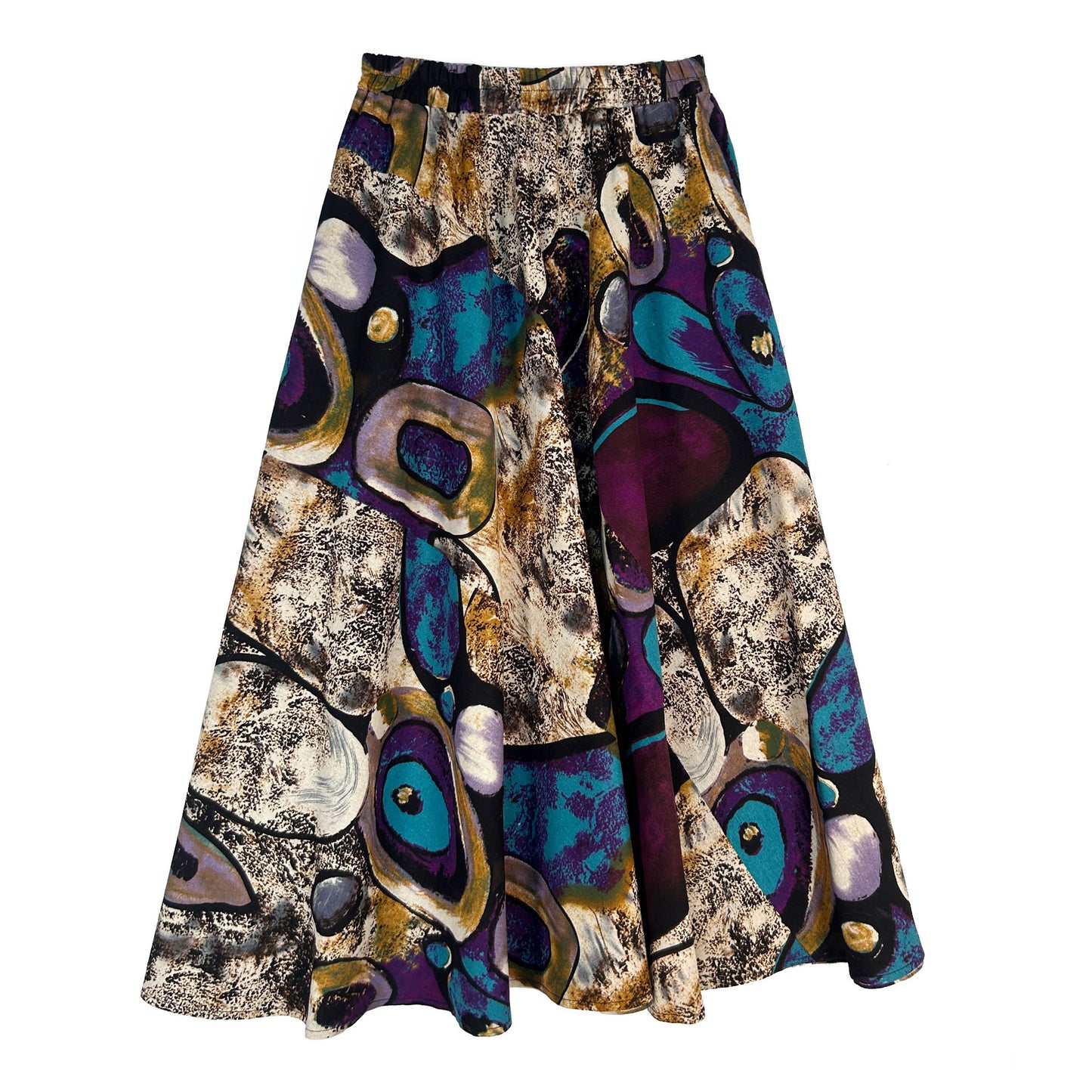 Cotton and linen printed maxi skirt | Retro ethnic style elastic waist midi skirt