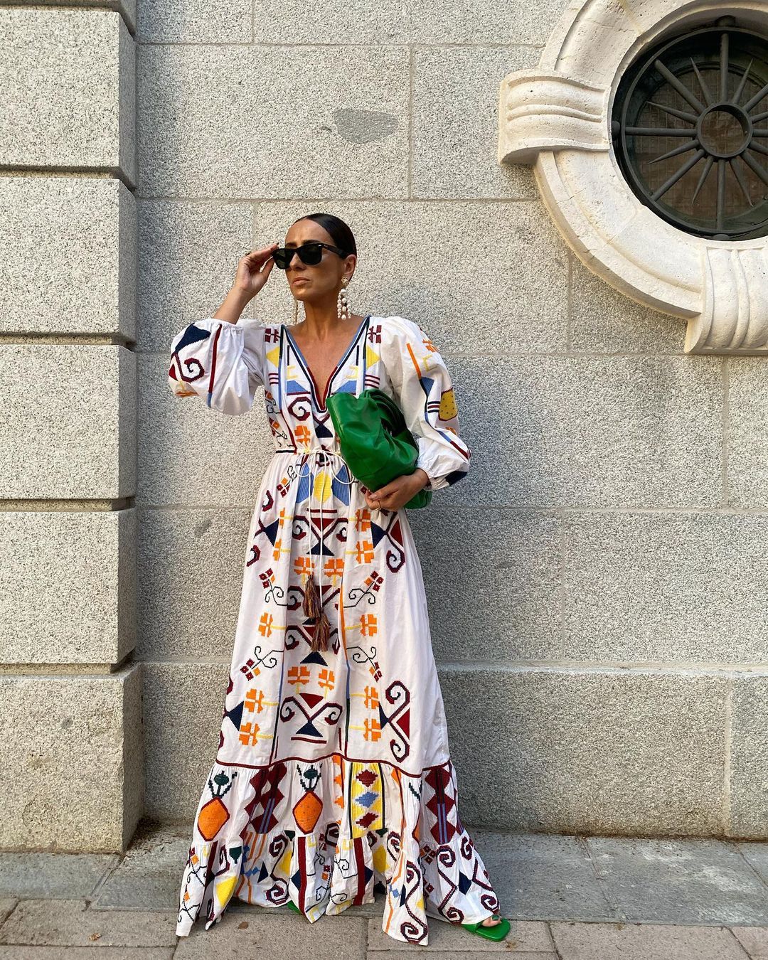 Boho Geometric Embroidered V-Neck Tie Waist Lantern Sleeve Maxi Dress