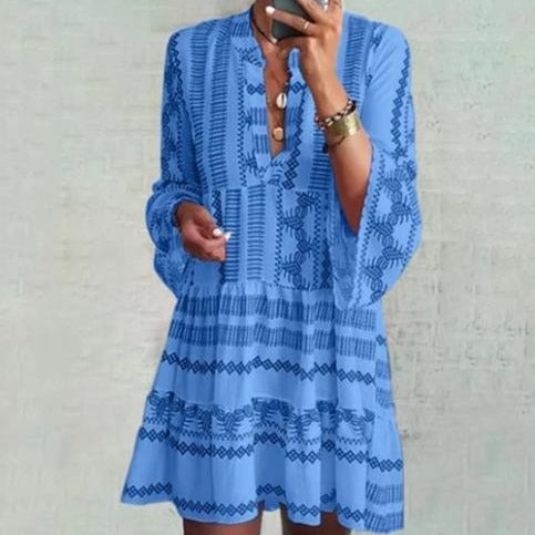 Boho Geometric Print V-Neck Flare Sleeve Loose Babydoll Dress