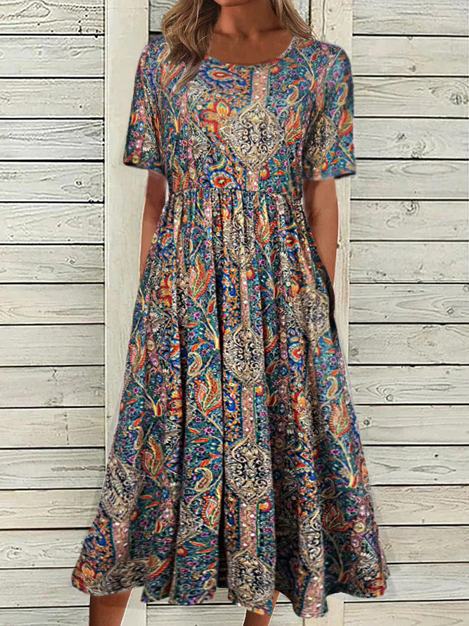 Bohemian Floral V-Neck Half Sleeve Pocket Midi Dress | Vacation Style Loose Maxi Dress