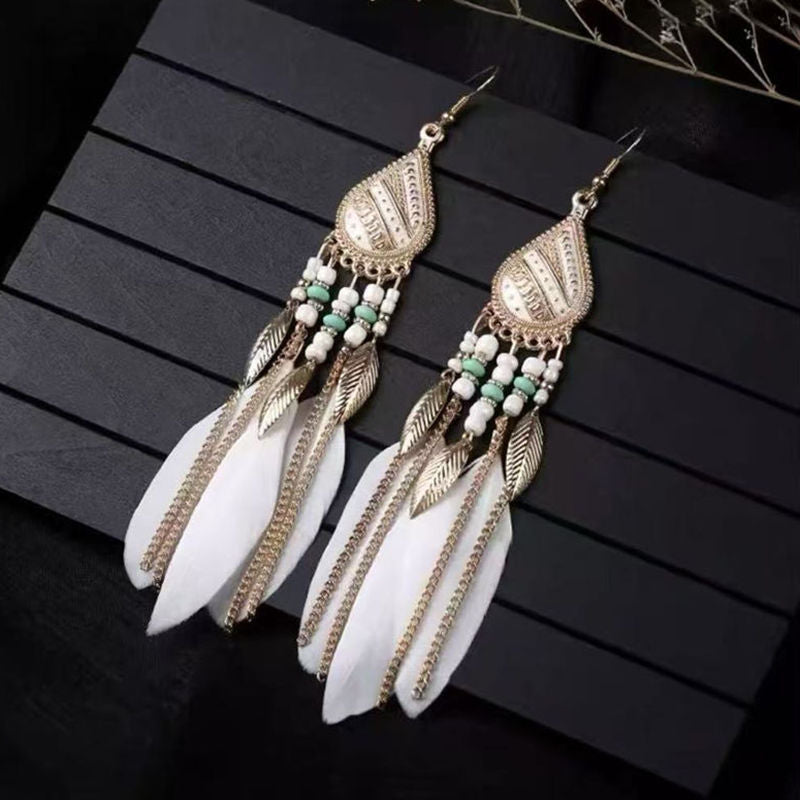 Boho Blue Feather Tassel Earrings | Ethnic Style Niche Design Jewelry