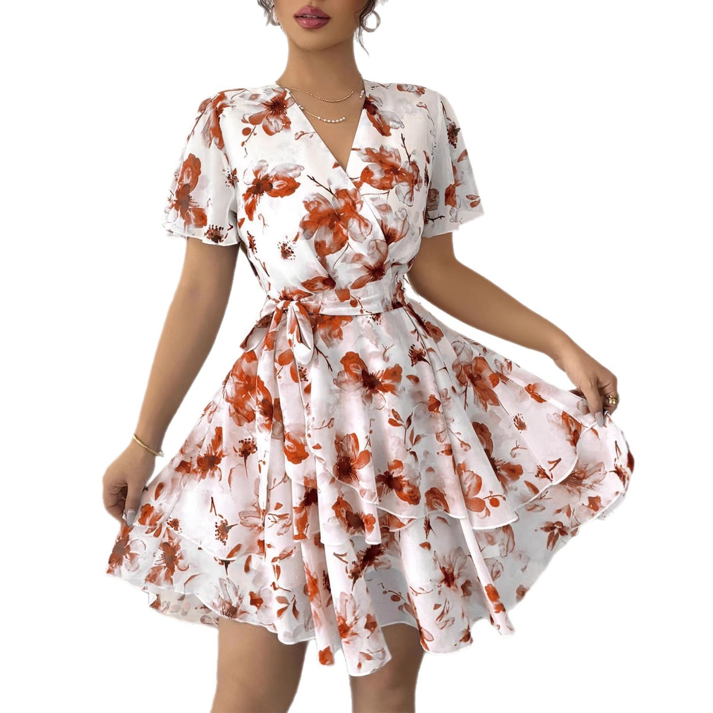 French Ink Flower V-Neck Tie Waist Double Ruffle Mini Dress | Elegant Waist-Cinching Slimming Tea Dress