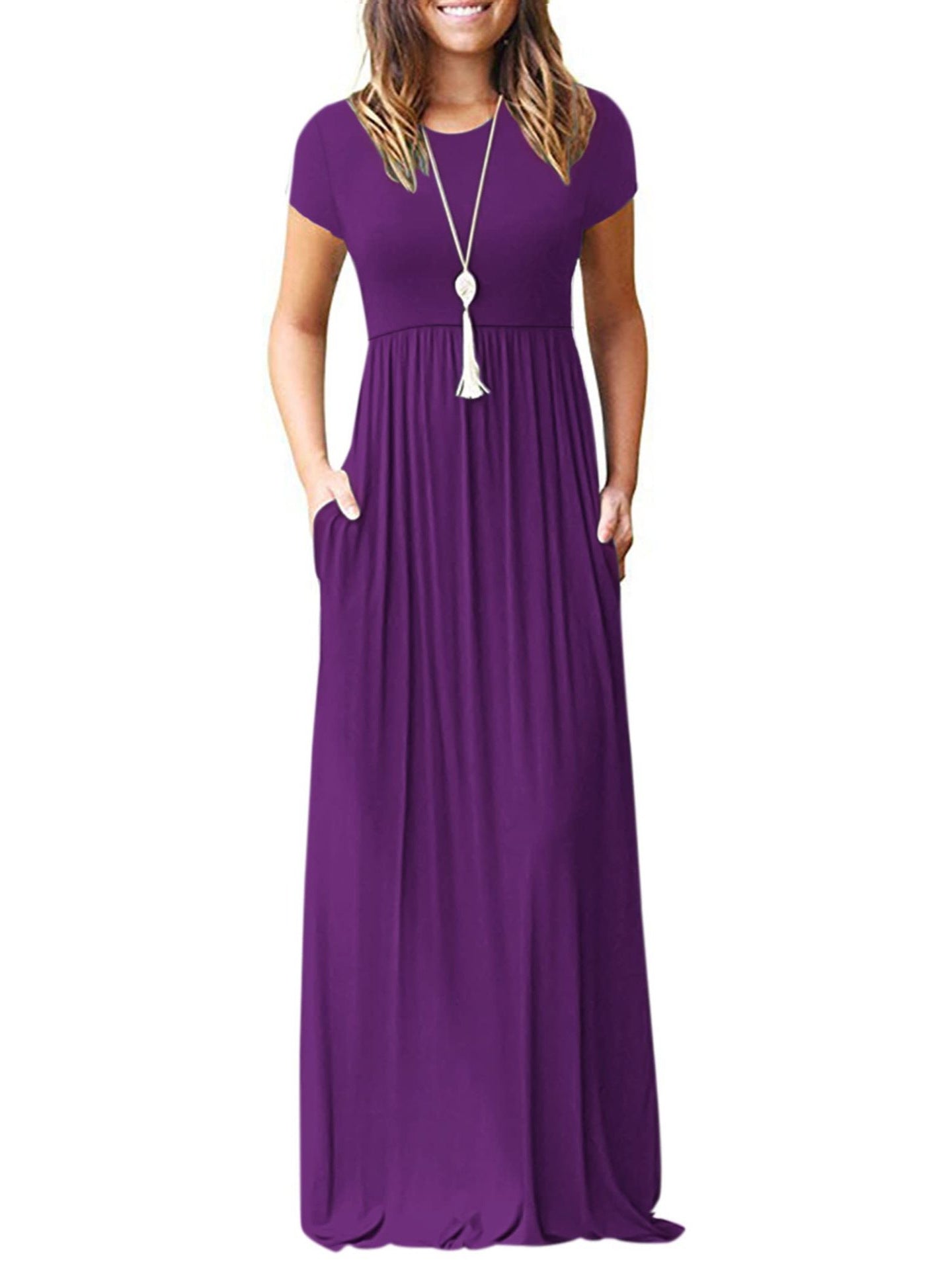 Multi-Color Round Neck Short Sleeve Waisted Maxi Dress