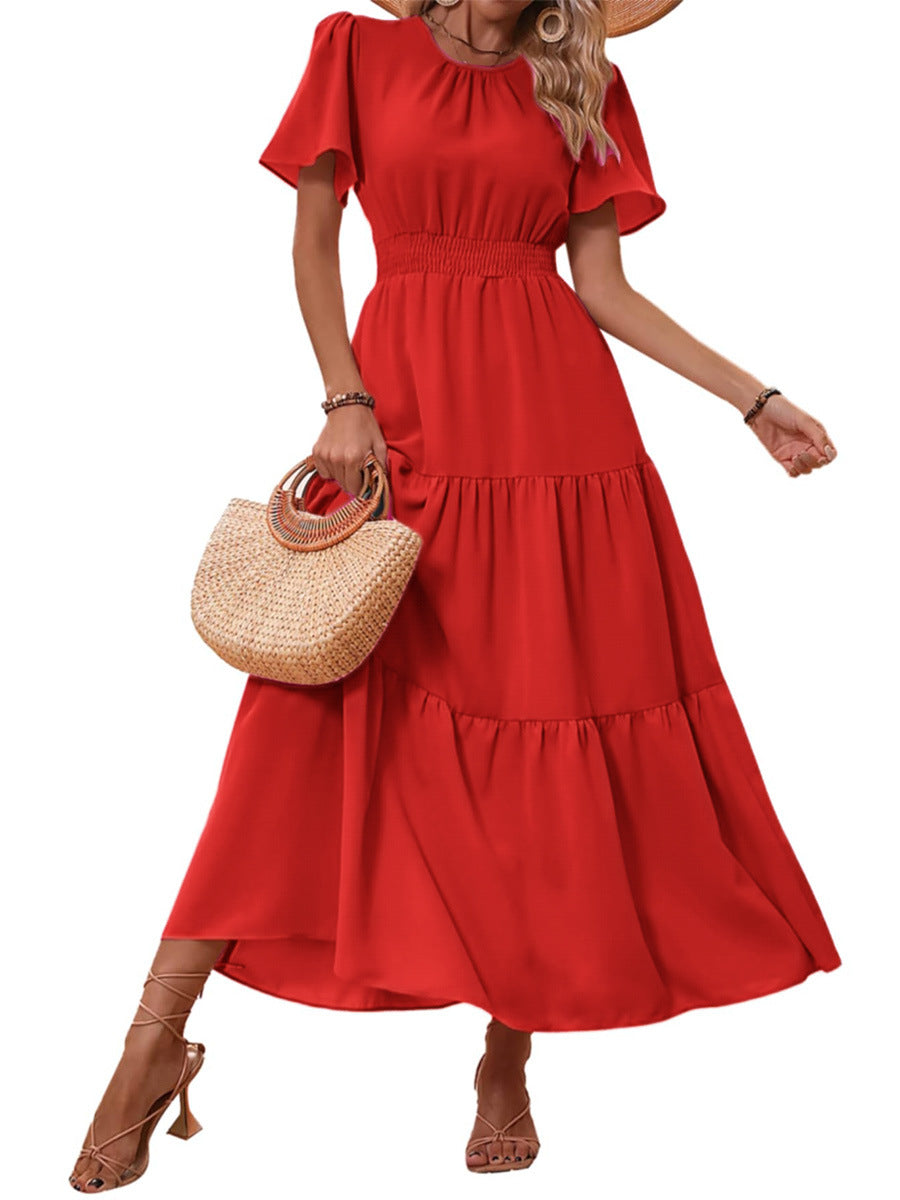Boho Round Neck Tiered Waist-Cinched Maxi Dress