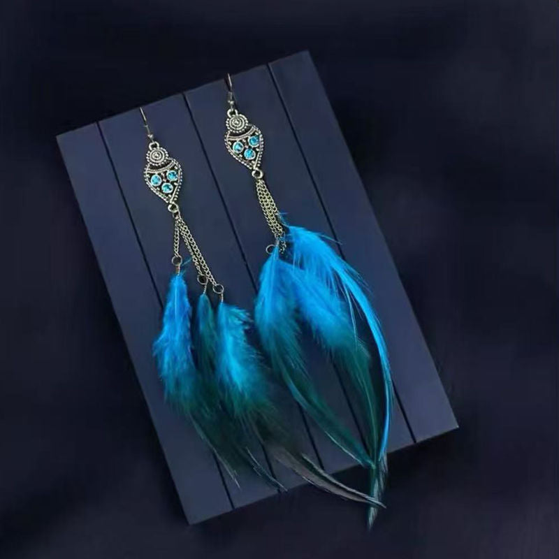 Boho Blue Feather Tassel Earrings | Ethnic Style Niche Design Jewelry