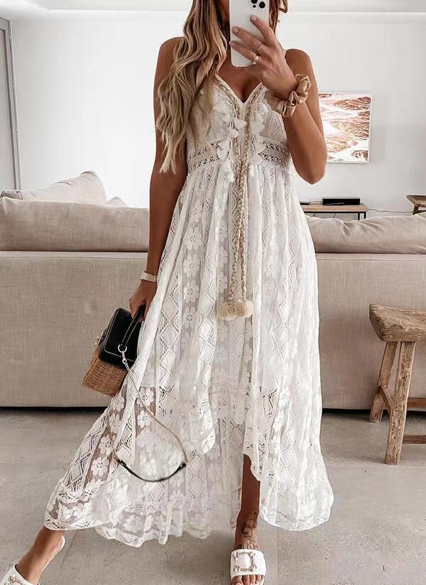 Boho White Lace V-Neck Cami Asymmetrical Maxi Dress | Vacation Style Elegant Waist-Cinching Slimming Dress