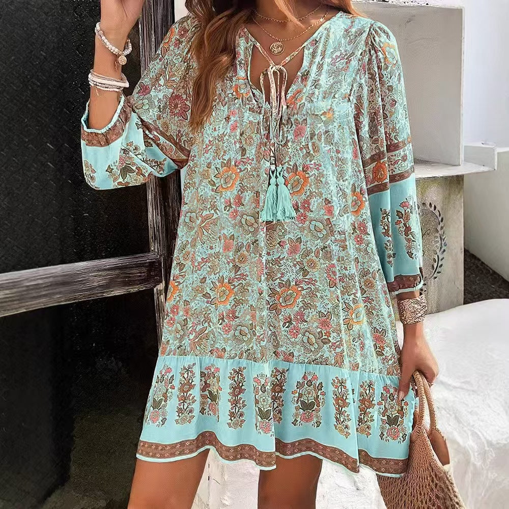 Boho Printed Tie-Neck Tassel Ruffle Mini Dress | Vacation Style Loose A-Line Dress