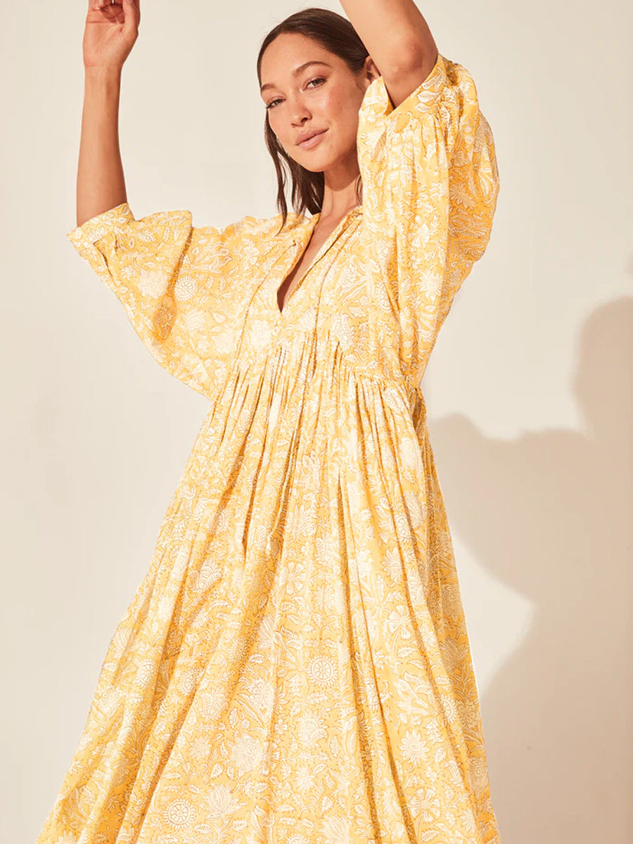 Bohemian Puff Sleeve Floral Maxi Dress | Vacation Style V-Neck Tie Dress