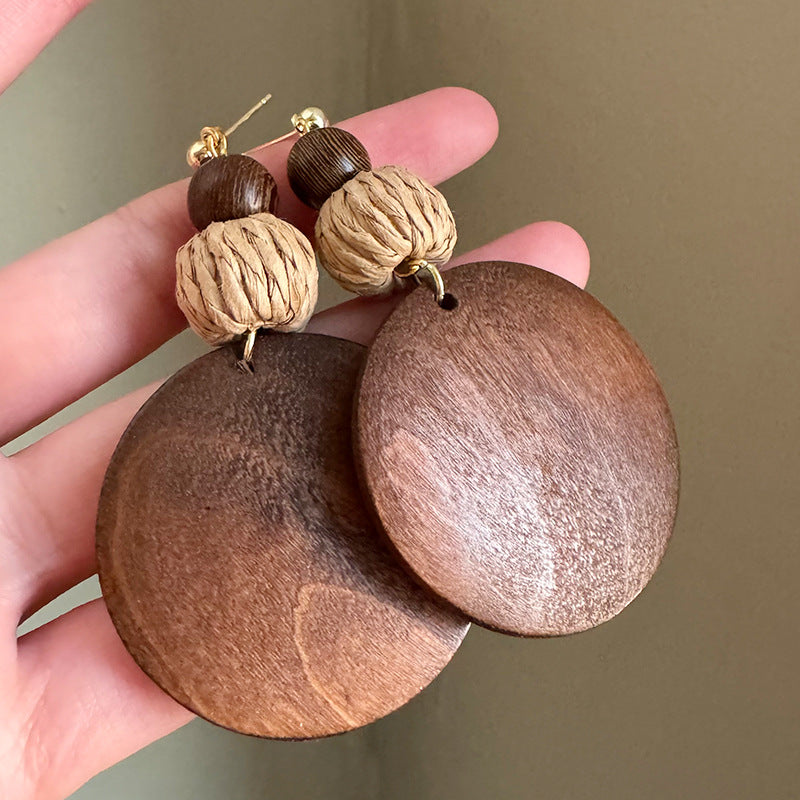 Boho Wood Woven Round Earrings | Vintage Ethnic Style Niche Design Jewelry