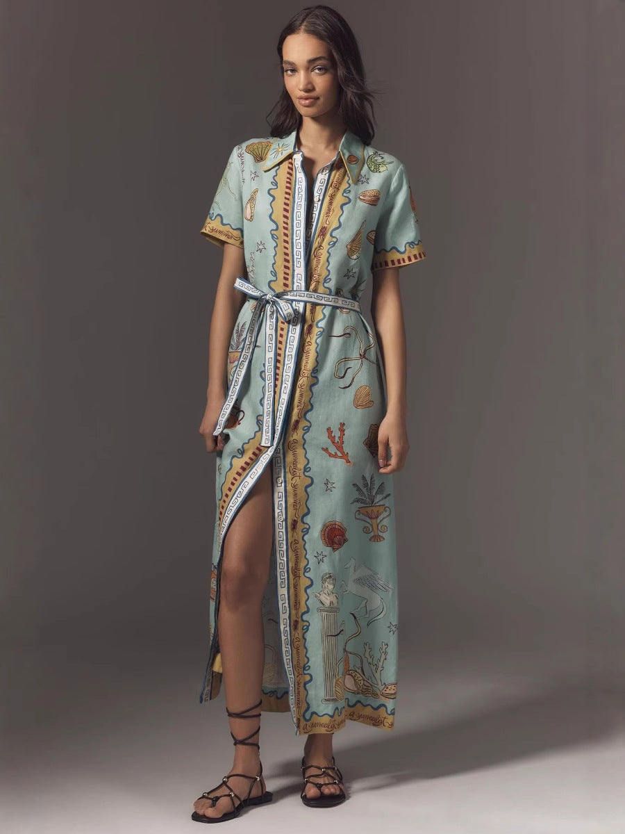Vintage Ocean Print Belted Waist-Cinching Split Maxi Shirt Dress