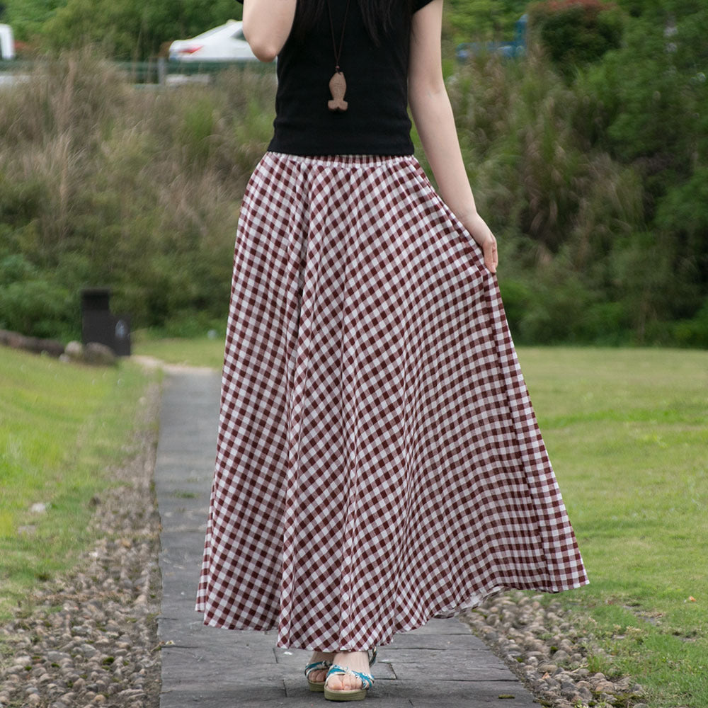Cotton and linen printed maxi skirt | Retro ethnic style elastic waist midi skirt