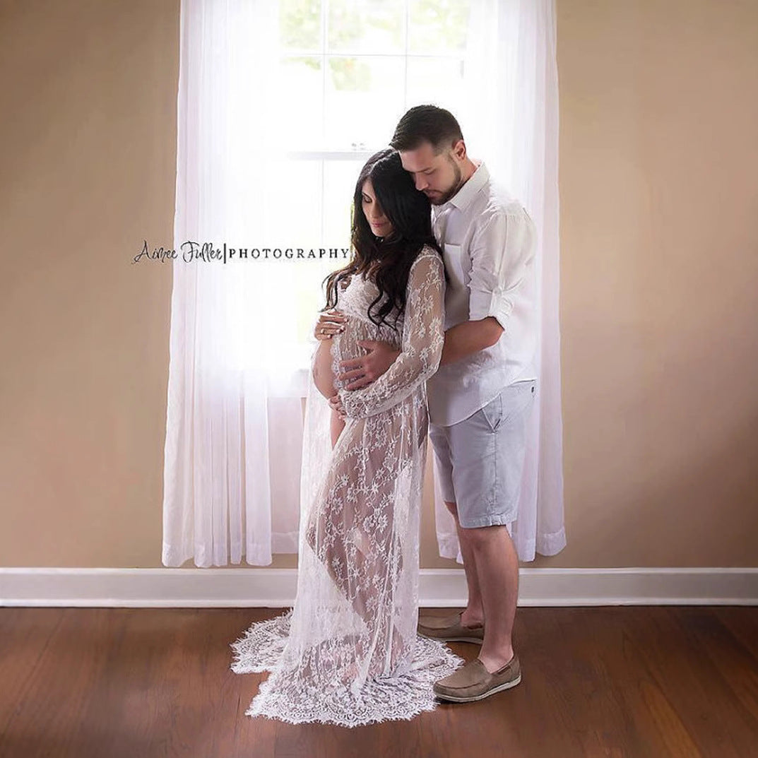 Maternity Photo Shoot Lace Sheer Open Front Maxi Robe