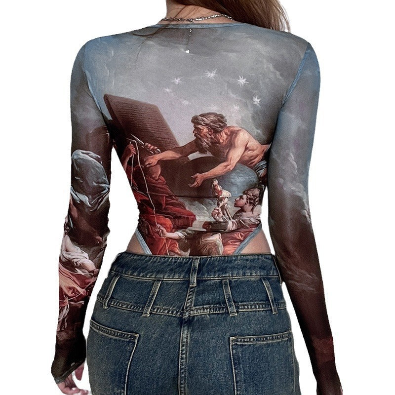 Boho Sheer Mesh Printed Long Sleeve Bodysuit Collection