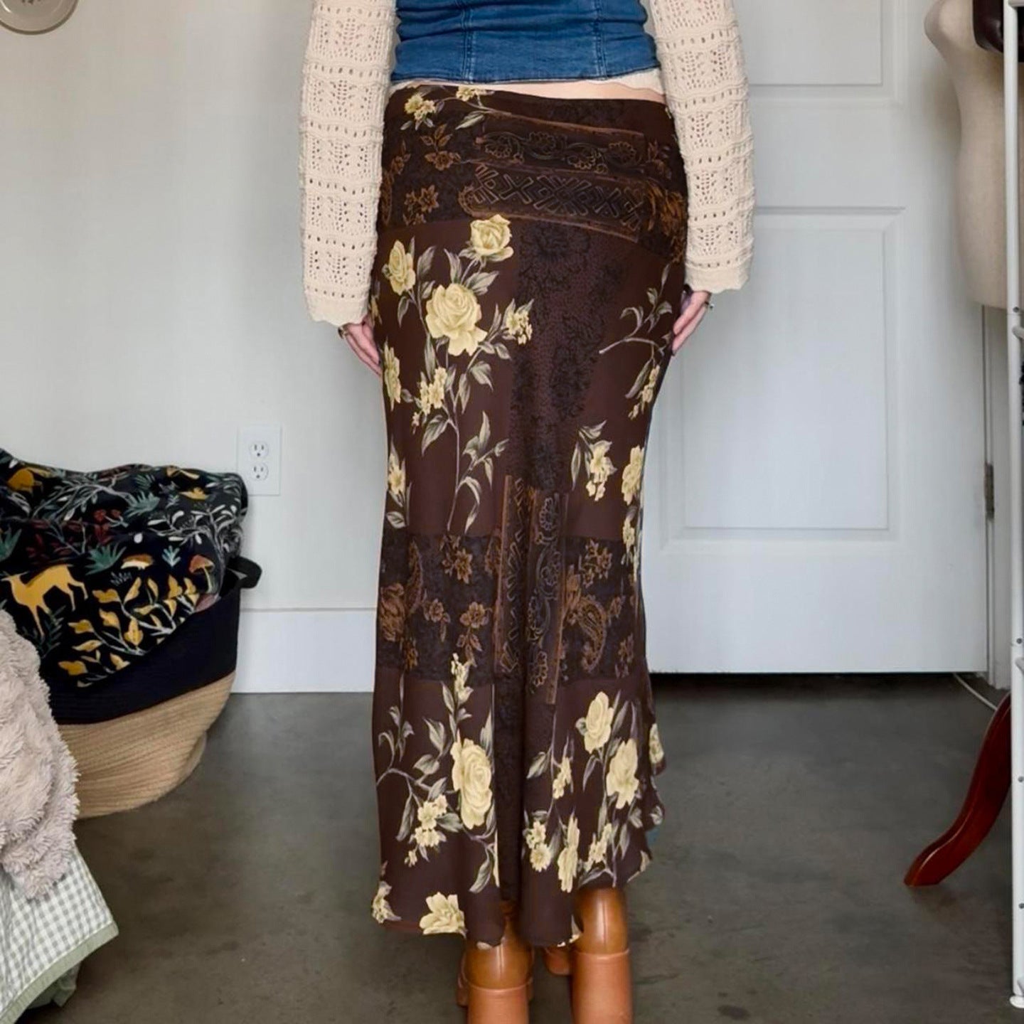 Bohemian Vintage Floral Paisley Patchwork Chiffon Maxi Skirt