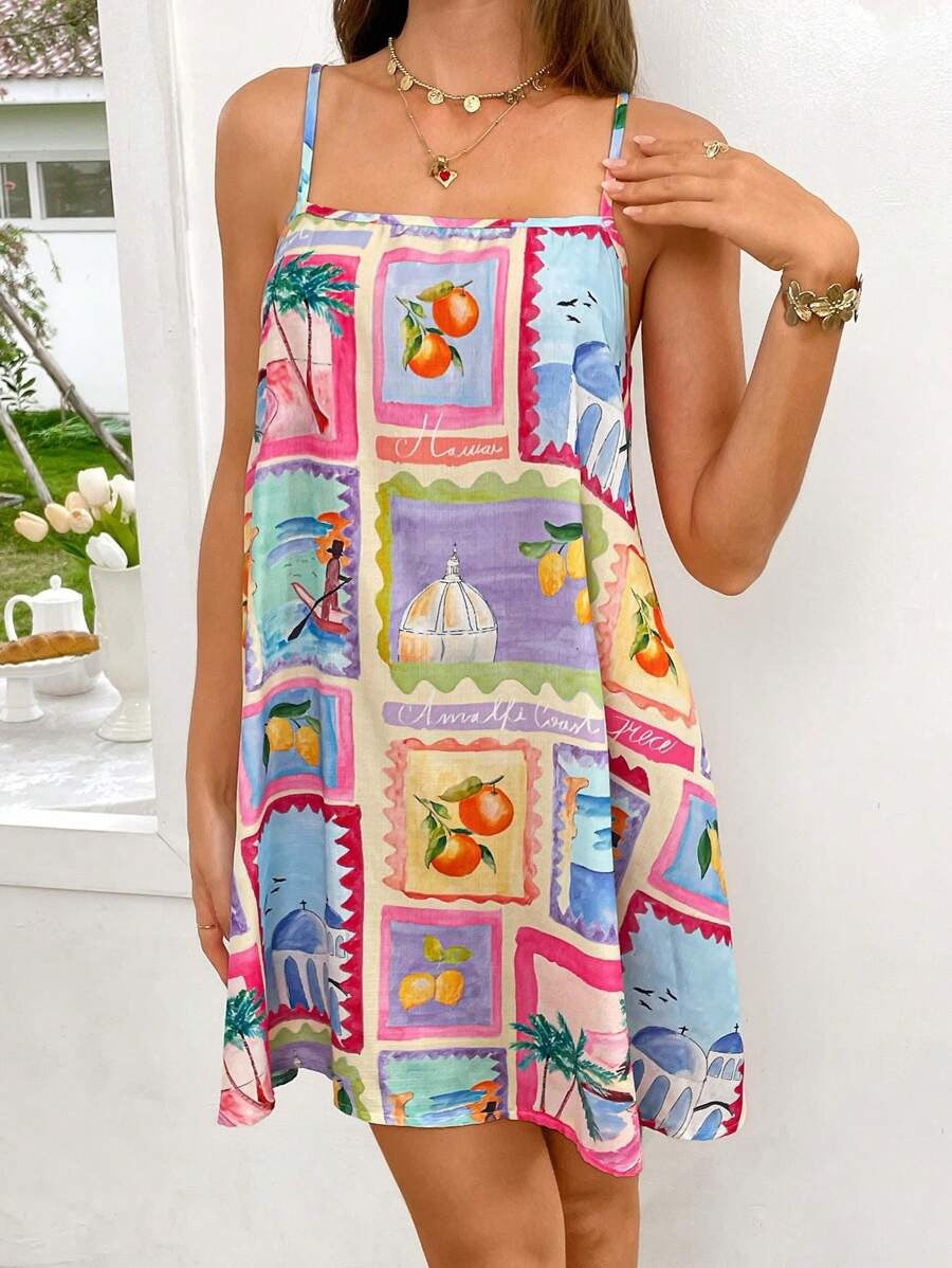Boho Print Spaghetti Strap Loose A-line Mini Dress