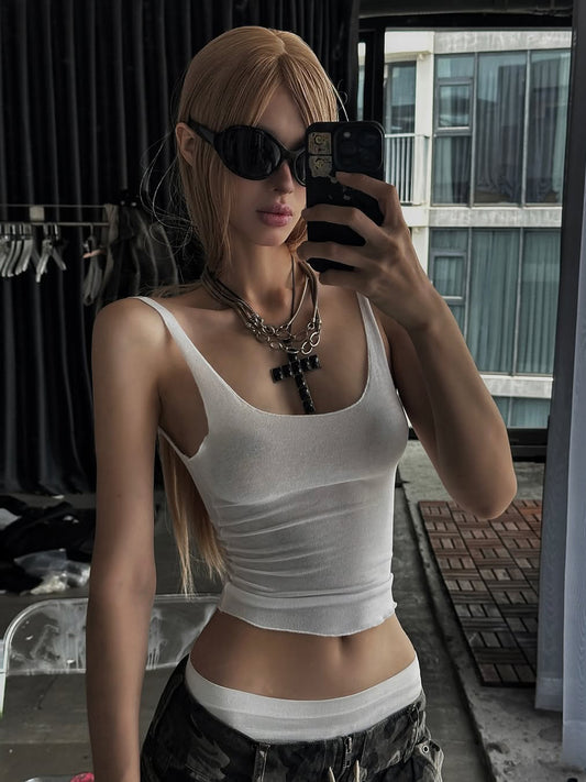 Bohemian Style Spicy Girl U-Neck Fitted White Crop Tank Top