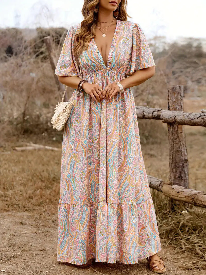 Boho Paisley Print V-Neck Waisted Maxi Dress