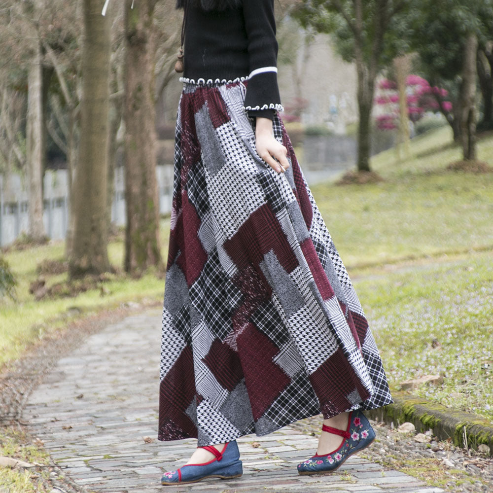 Cotton and linen printed maxi skirt | Retro ethnic style elastic waist midi skirt