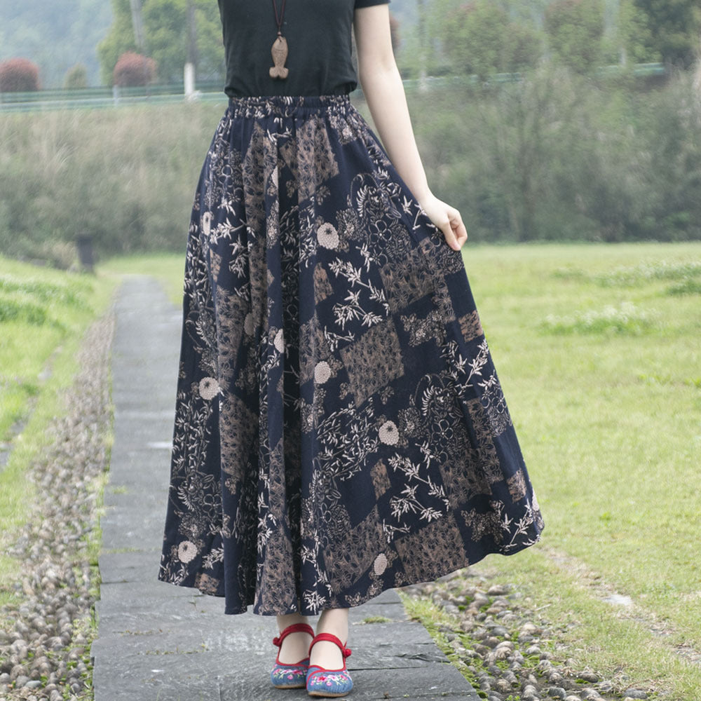 Cotton and linen printed maxi skirt | Retro ethnic style elastic waist midi skirt