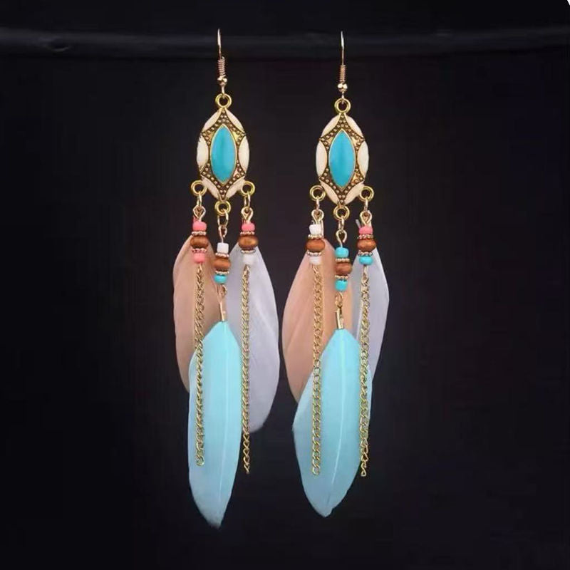 Boho Blue Feather Tassel Earrings | Ethnic Style Niche Design Jewelry