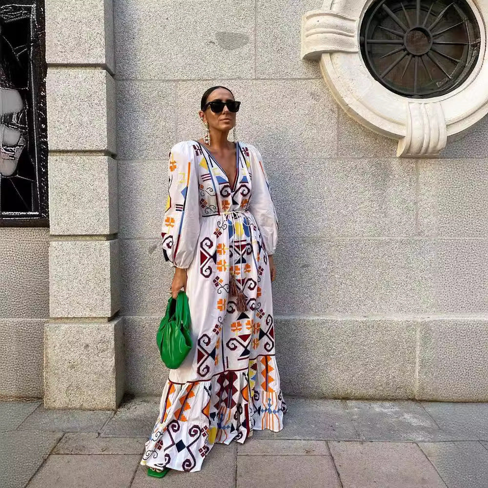 Boho Geometric Embroidered V-Neck Tie Waist Lantern Sleeve Maxi Dress