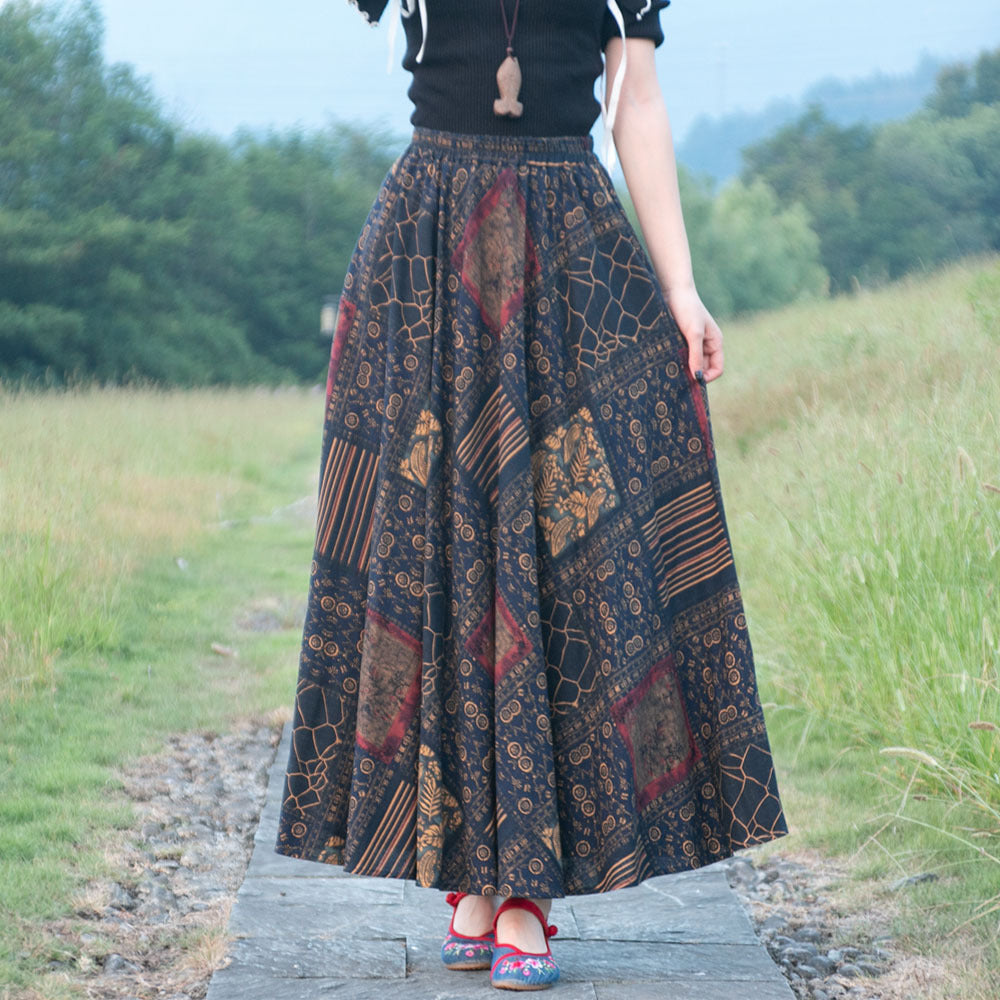 Cotton and linen printed maxi skirt | Retro ethnic style elastic waist midi skirt
