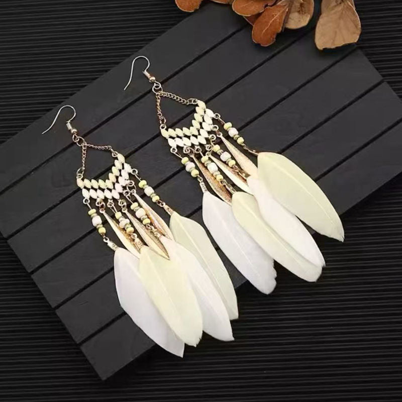 Boho Blue Feather Tassel Earrings | Ethnic Style Niche Design Jewelry