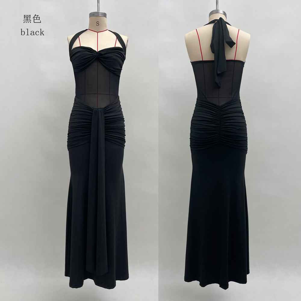 Halter Neck Mesh Panel Twist Waist Mermaid Maxi Dress | Luxury Sexy Evening Gown