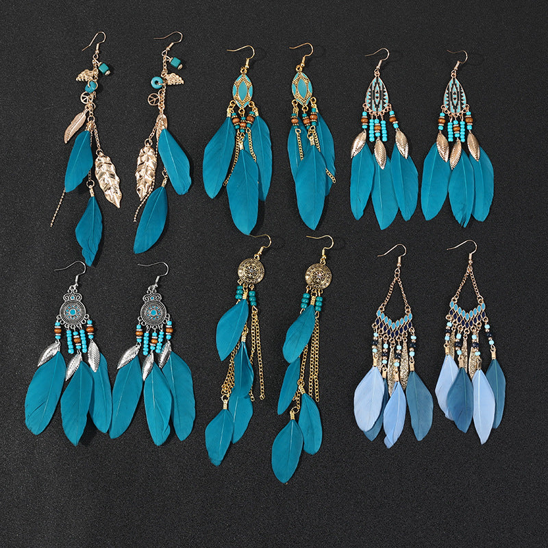 Boho Blue Feather Tassel Earrings | Ethnic Style Niche Design Jewelry
