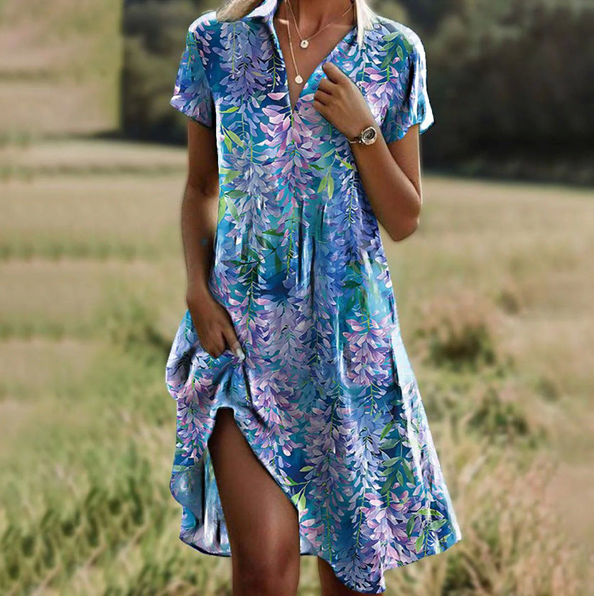 V-Neck Short Sleeve Pocket Slit Dress | Vacation Style Loose Print Midi Dress