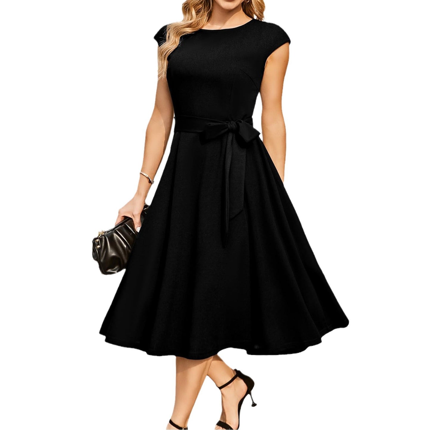 Bohemian Solid Color Round Neck Cap Sleeve Belted A-Line Midi Dress