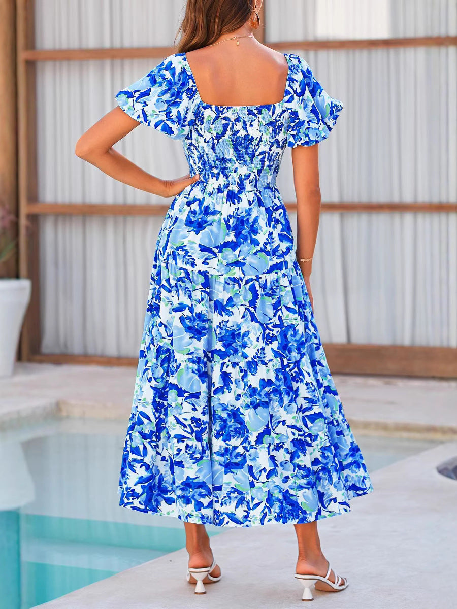 Blue & White Floral Square Neck/Off-Shoulder Puff Sleeve Tiered Midi Dress