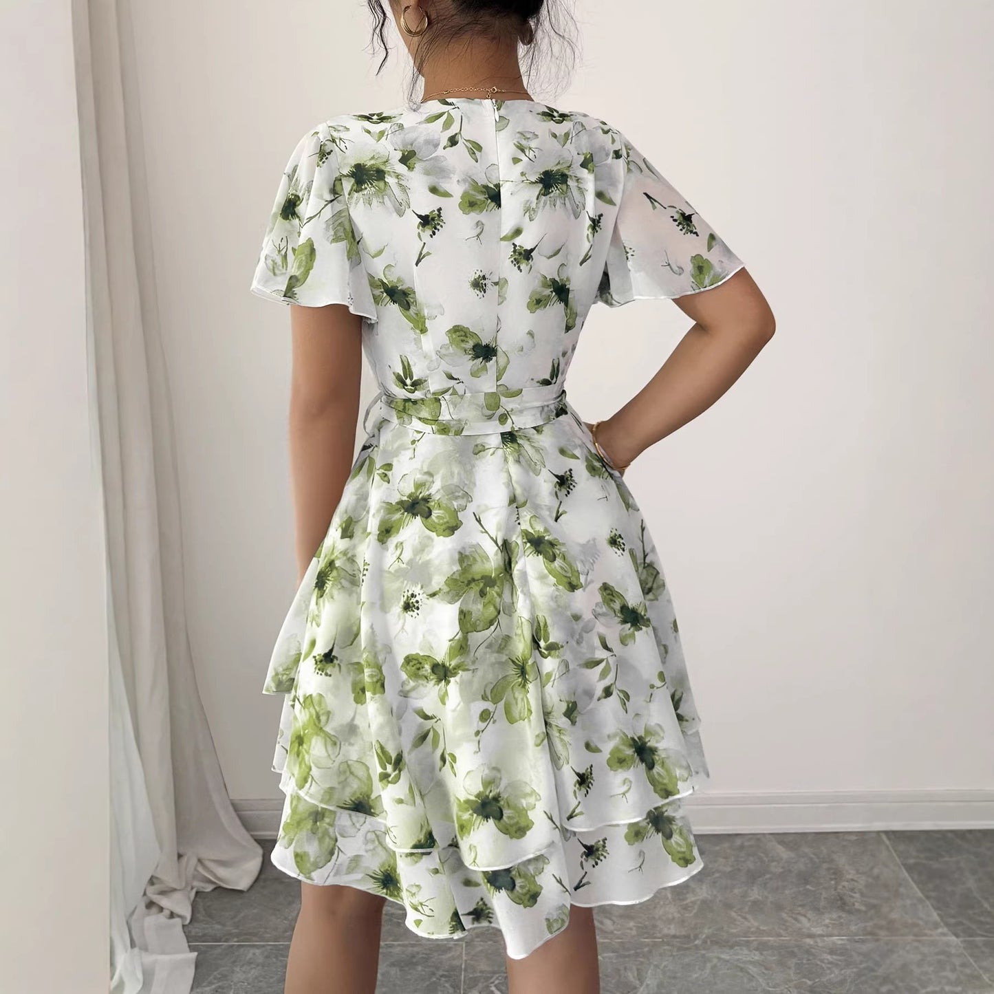 French Ink Flower V-Neck Tie Waist Double Ruffle Mini Dress | Elegant Waist-Cinching Slimming Tea Dress