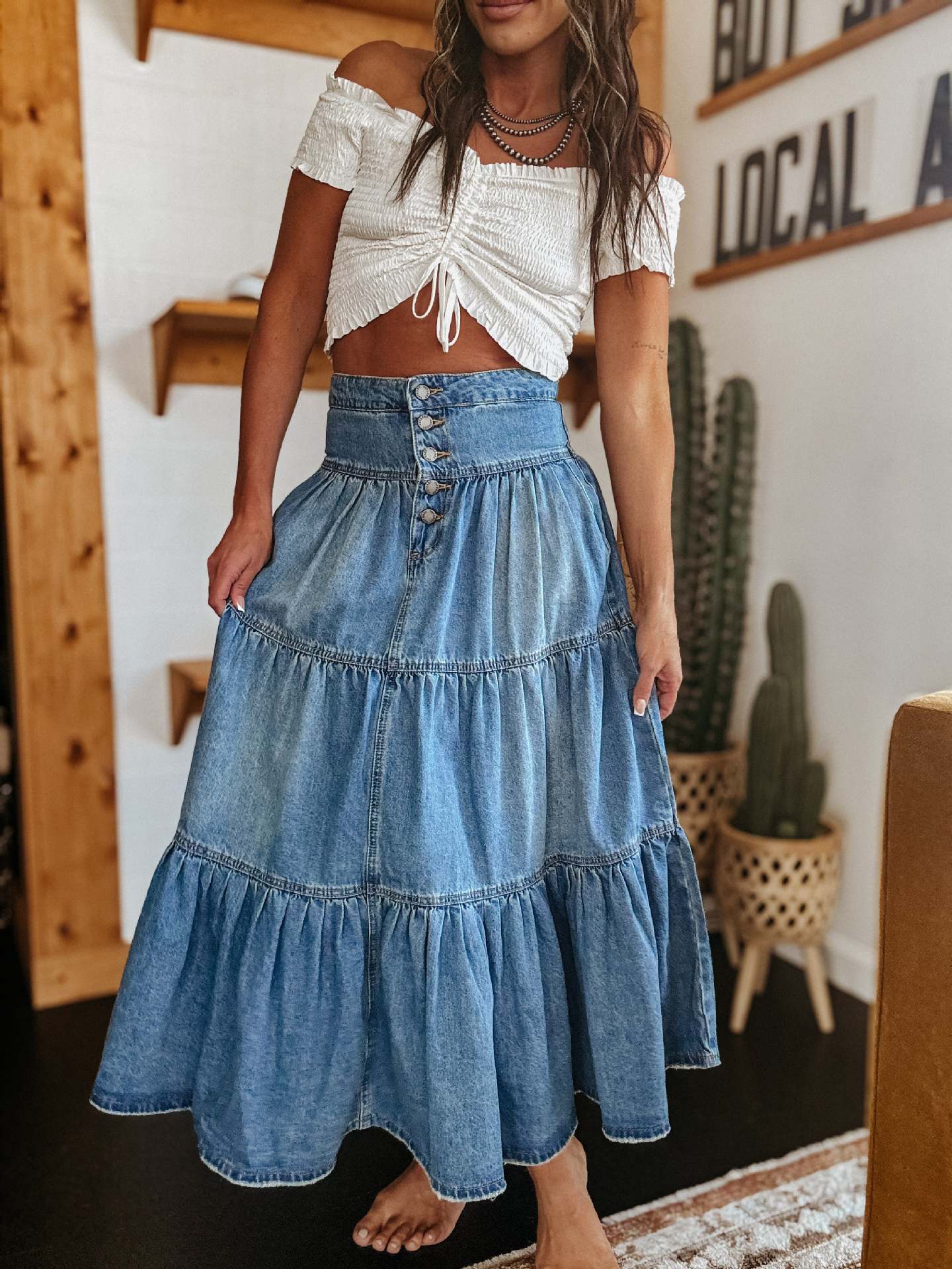 High Waist Buttoned Tiered Ruffle Denim Maxi Skirt | Vintage Loose A-Line Flowy Skirt