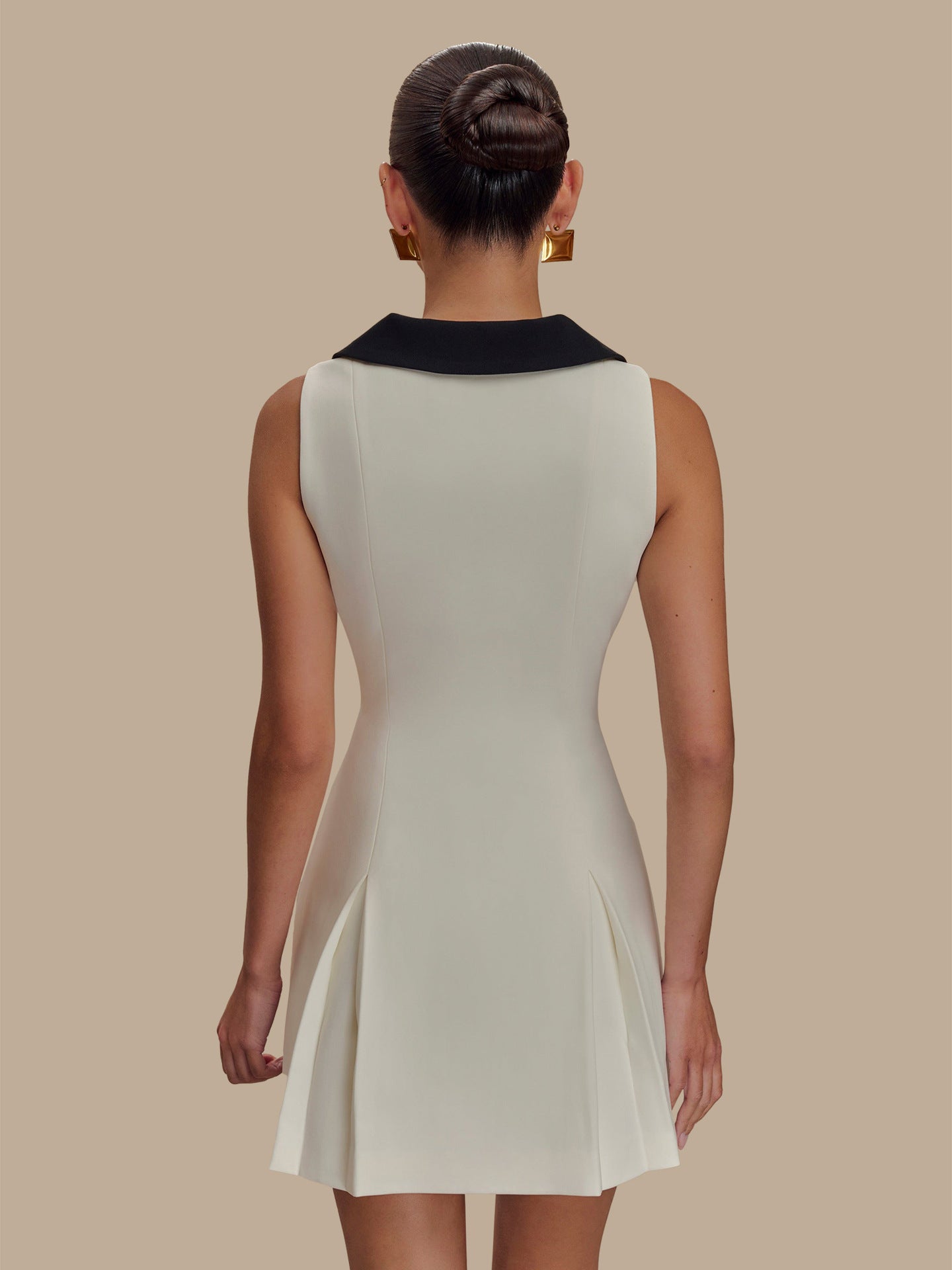 French Chanel Style Contrast Big Collar Gold Button Waist-Cinching Sleeveless Mini Dress | Elegant Luxury A-Line Dress