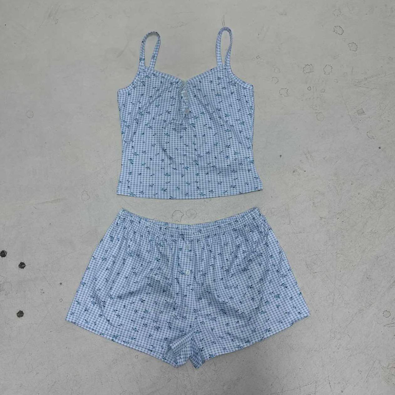 Boho Floral Gingham Lace Trim Cami & Shorts Loungewear Set