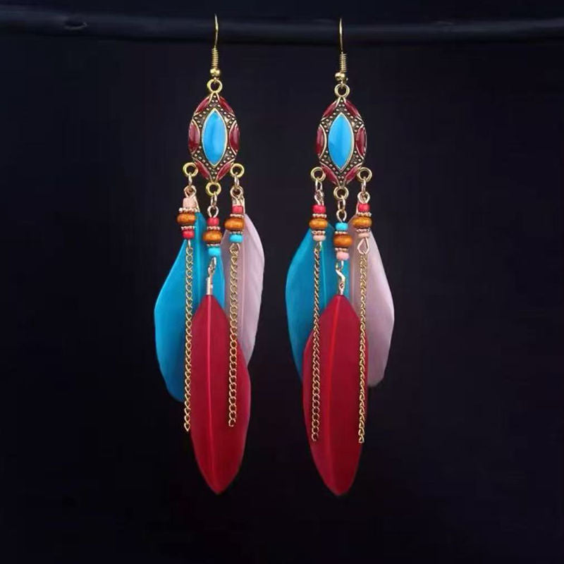 Boho Blue Feather Tassel Earrings | Ethnic Style Niche Design Jewelry