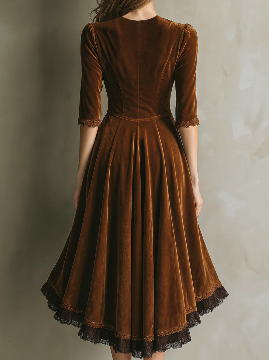 Vintage Western Style Velvet Lace Waist-Cinching Flare Midi Dress | Retro Elegant Slimming Dress