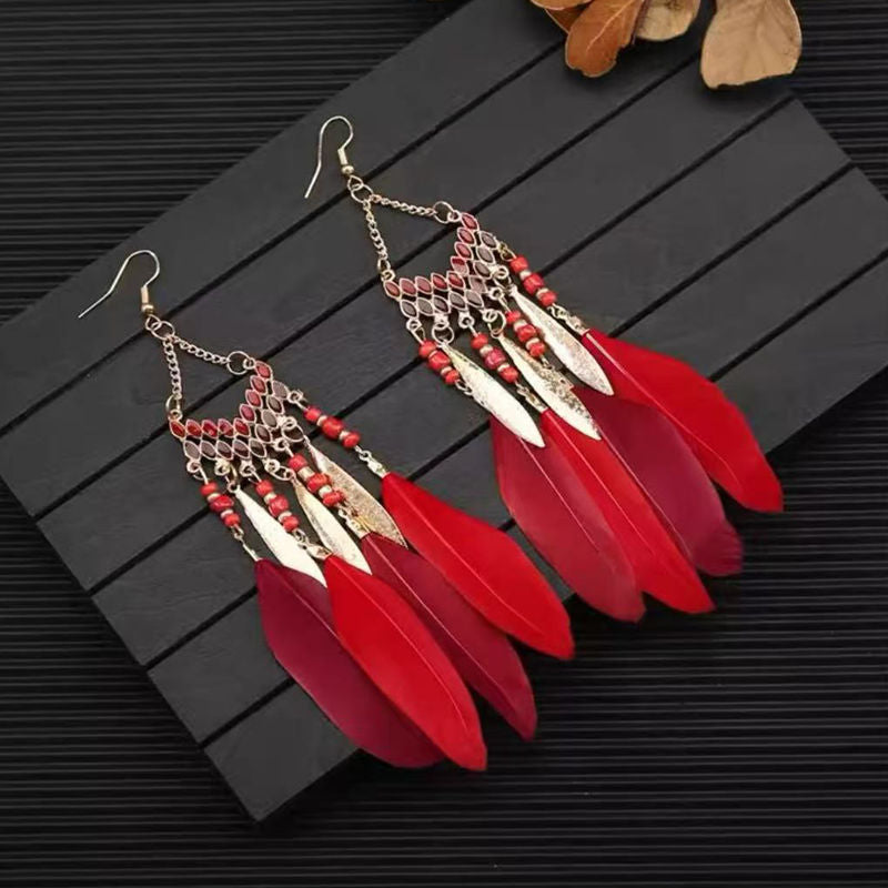 Boho Blue Feather Tassel Earrings | Ethnic Style Niche Design Jewelry